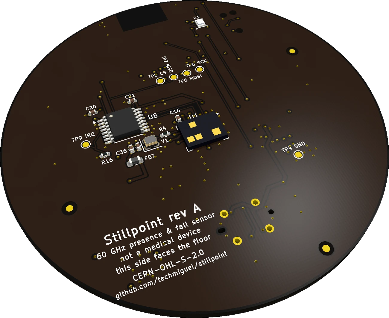 3D render of the Stillpoint bottom side: the 60 GHz radar chip with its antennas, the 80 MHz oscillator, a level translator and the RGB status LED