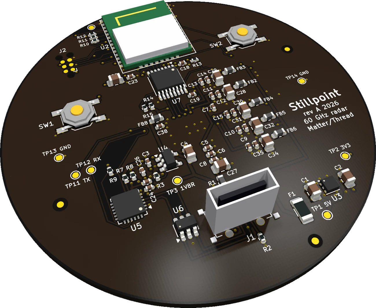 3D render of the Stillpoint top side: round black board with the Matter module at the edge, translators, supply filters and a vertical USB-C connector